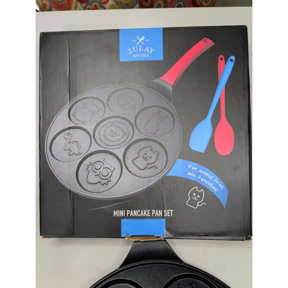 Nonstick Round Mini Pancake Pan 7 Animal Face Designs & Two Spatulas Llama, Dino